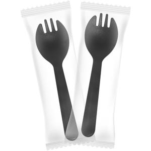 Mini Plastic Sporks Disposable Individually Wrapped, Black Forks and Spoons 2 in 1 Party Supply 4.3" 100 PCS