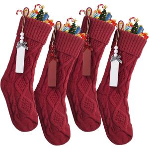Mr. Pen- Personalized Christmas Stockings with Wooden Name Tags, Set of 4, 18" Red Cable Knit Stockings for Christmas