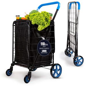 SereneLife Large Folding Utility Shopping Cart with Removable Liner  Heavy Duty, 360 Swivel Wheels, 110 lb Capacity, Portable for Groceries, Laundry, Luggage, and More(Blue)
