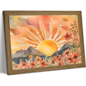 Boho Sunset Wall Art Framed Canvas, Modern Abstract Sun Wall Decor Picture, Floral Landscape Aesthetic Painting for Living Room Bedroom Home Office 10x8 Inch