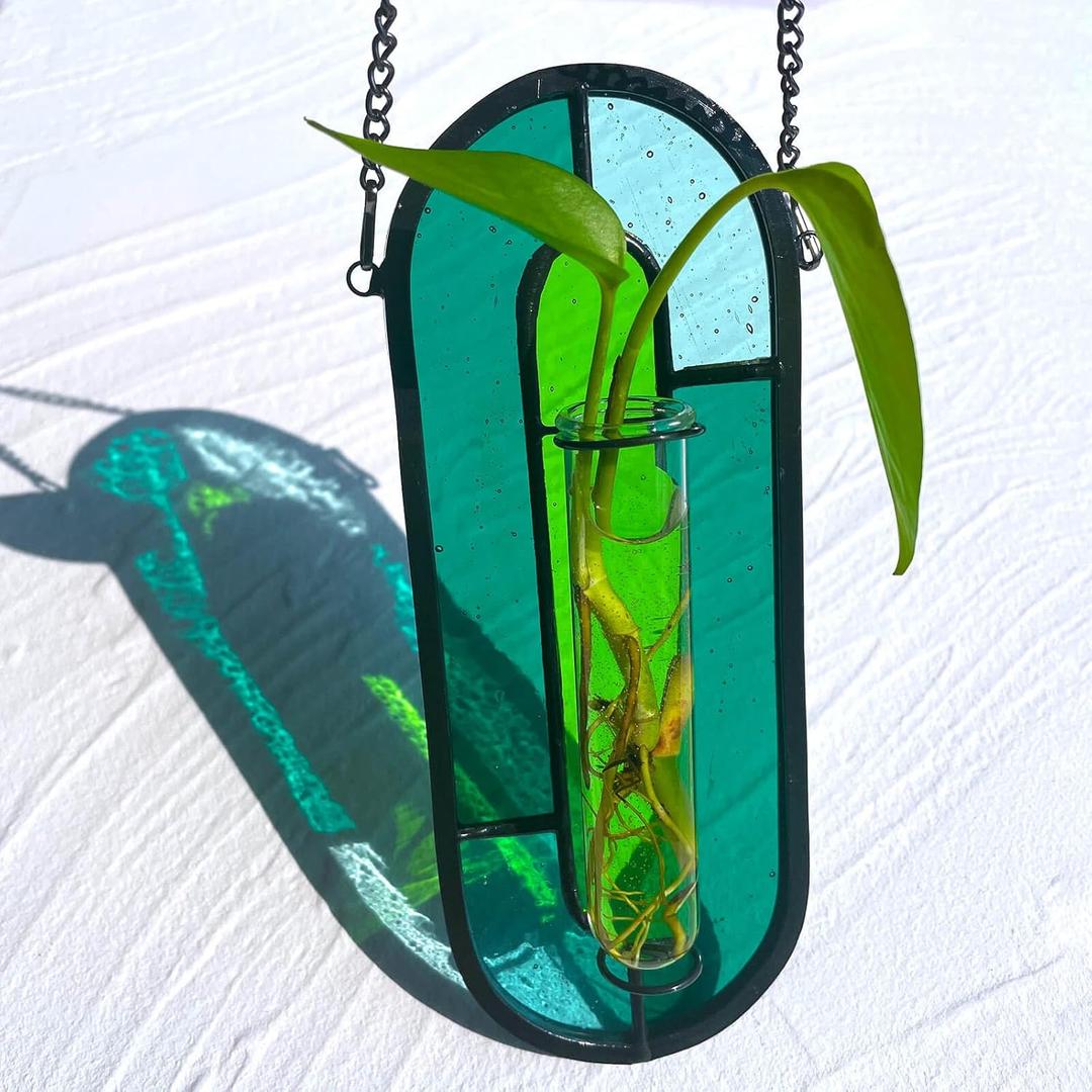 LITMIND Stained Glass Plant Propagation Station, Hanging Hydroponic Planter Terrarium with 2 Glass Tubes - Perfect for Home & Garden Dcor (Style C01 (Aqua Green))