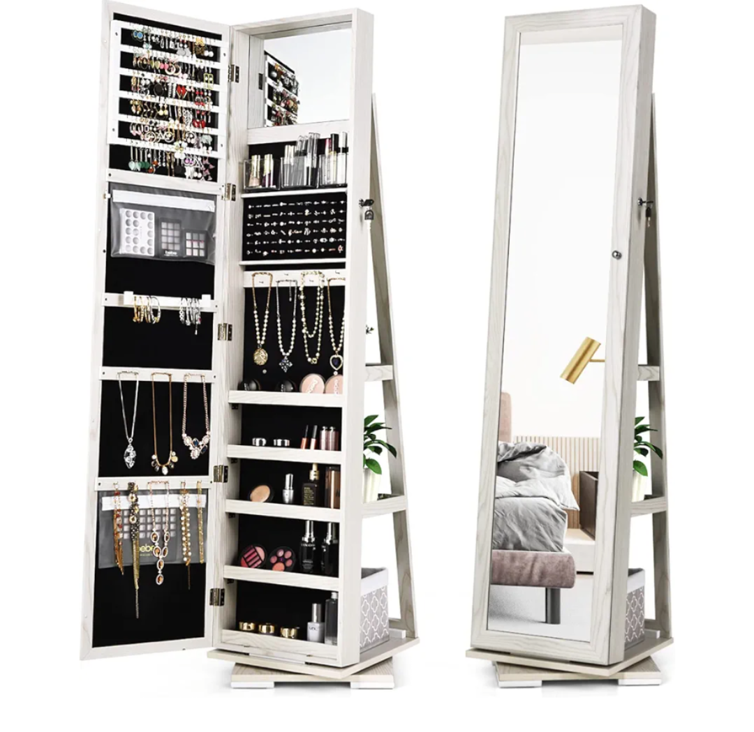 360 Rotating Jewelry Armoire Cabinet, Standing Jewelry Organizer w/Full-Length Mirror & Large Storage Space, Lockable Mirror Jewelry Cabinet for Girls Women (White)