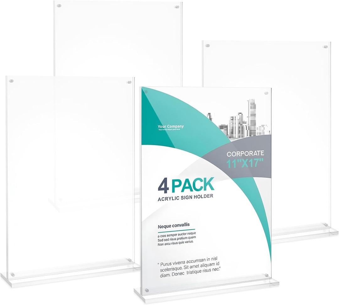 11x17 Acrylic Sign Holder Table Top with Magnetic Corners, 4-Pack Quick Change Display Stand for Menus, Posters and Ads, Restaurant, Office, Events, Retail