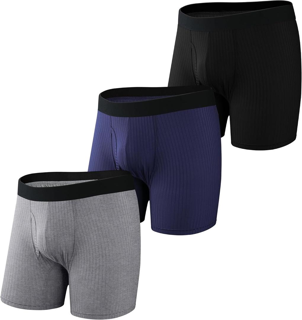 Mens 3/6 Pcs Performance Boxer Brief with Fly, Soft Tagless Moisture-wicking Mens Stripe Underwear Multipack (M)