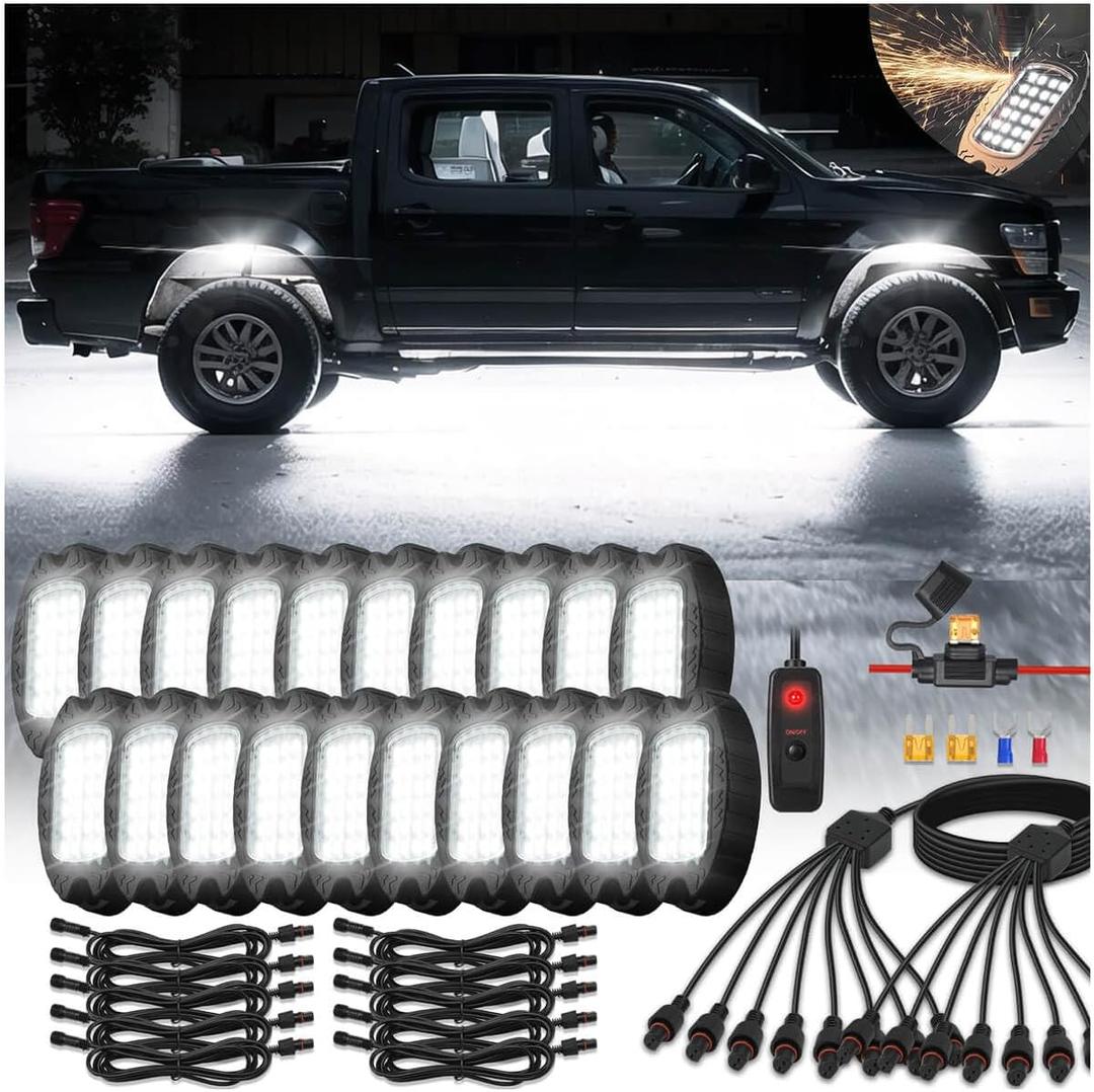 20Pods Metal All Pure White LED Rock Lights Full Kit Plug and Play&Pre Wired 6500K with Switch Wiring Harness Extension Fuse, 480Chip Aluminum Waterproof Underglow 12V for Semi Truck Pickup Offroad
