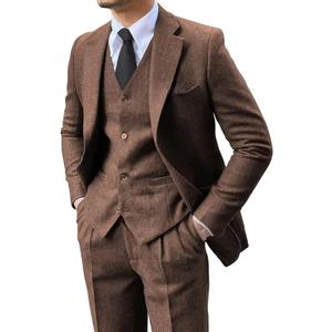 Men's 3 Pieces Suit Retro Slim Fit Suit Tweed Herringbone Business Suit Party Wedding Tuxedos with Blazer Vest Pants (Brown, Xsmall)
