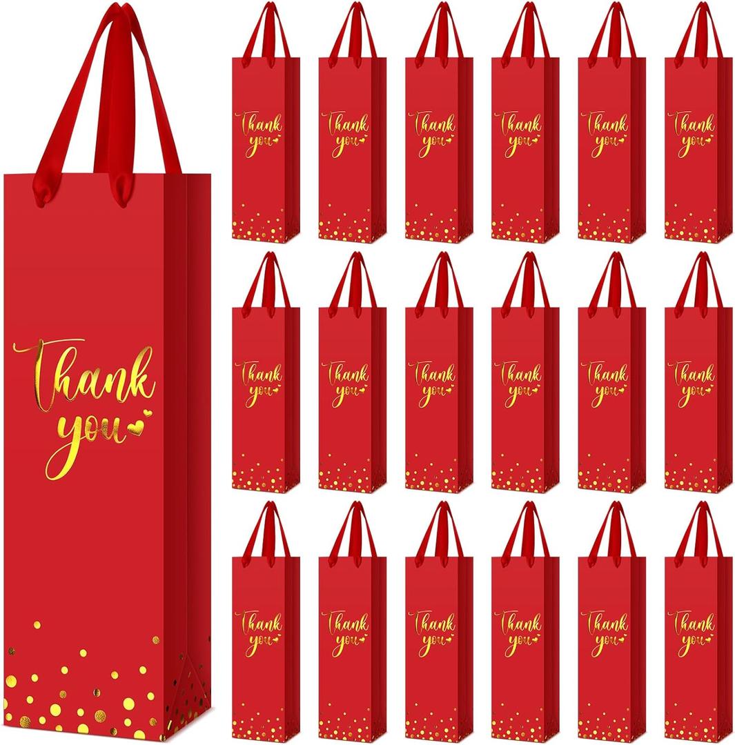 Ctosree 30 Pcs Wine Gift Bag for Bottle Wedding Thank You Favor Bag Metallic Gold Foil Print Kraft Wine Paper Bag with Rope Handle for Birthday Bridal Baby Shower Housewarming Party(Red)