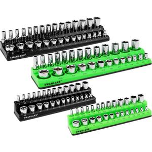 SWANLAKE 4-Piece Magnetic Socket Organizer Set, Metric & SAE Socket Holder Set Includes 1/4", 3/8" Drive Sockets Trays, Magnetic Sockets Organizer for Tool Box Drawer