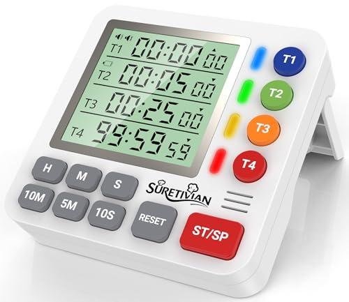 Digital Kitchen Timer for Cooking - 4 Channel Count Up Countdown Timer with Loud Alarm and Silent Mode, Large Display, Magnetic Back, Auto Memory for Classroom Study Gym, Battery Included (White)