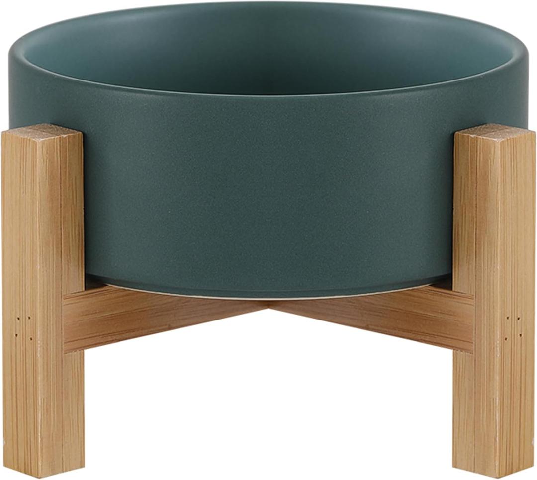 Raised Ceramic Cat Bowl - Cat Food Bowl with Bamboo Stand - Elevated Dog Food Dish for Puppies - Comfort Eating - 13.5 oz - 400 ml - Green (Small)