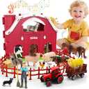 Red Barn Toys for Toddlers 1-3, Farm Animal Figures Playset with Tractor for 2 3 4 5 Year Old Kids, Musical Preschool Montessori STEM Learning Toys, Easter Christmas Birthday Gifts for Boys Girls