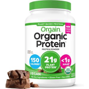 Orgain Organic Vegan Protein Powder, Creamy Chocolate Fudge - 21g Plant Protein, 6g Prebiotic Fiber, Low Net Carb, No Lactose Ingredients, No Added Sugar, Non-GMO, For Shakes & Smoothies, 2.03 lb, Best By: 03-04-27