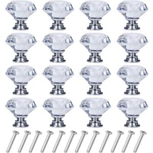 16 Pack Drawer Knobs Diamond Shaped Crystal Glass 30mm Cabinet Knobs Pull Handles (Silver)
