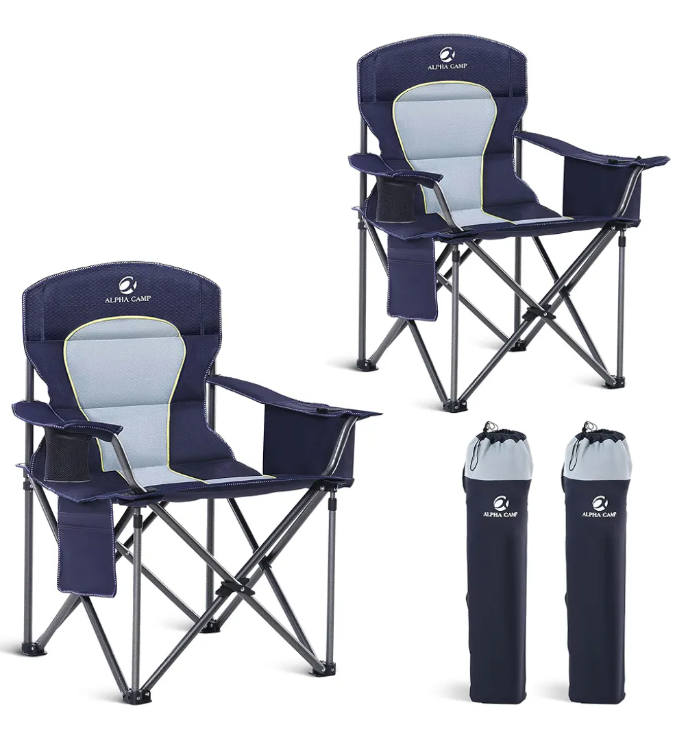 GREEN PARTY Folding Camping Chair Oversized Heavy Duty Lawn Chair with Cooler Bag, Cup Holder, Storage Pocket, Collapsible Padded Outdoor Arm Chair, Quad Lumbar