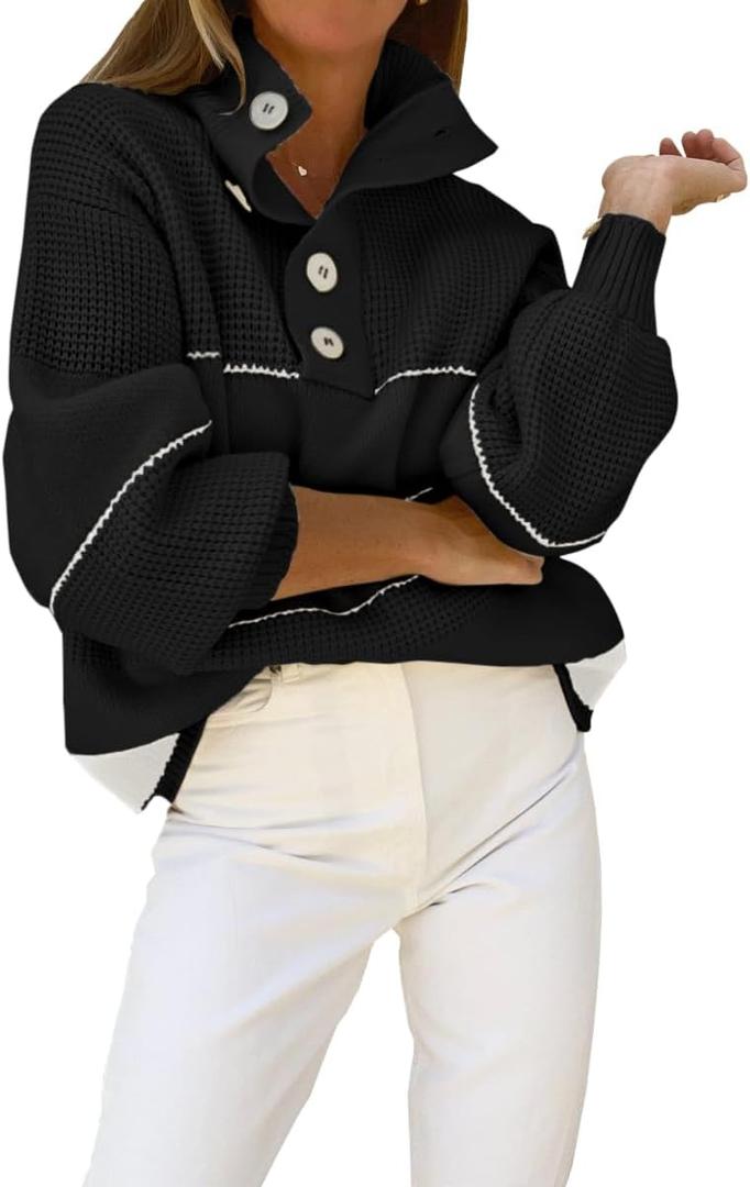 chouyatou Women's Slouchy Waffle Knit Sweater 1/2 Button Polo Collared Pullover Striped Sweater Tops (Small, Black)