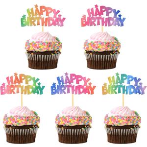 24pcs Rainbow Happy Birthday Cupcake Toppers