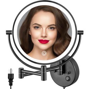 ALHAKIN 9" Wall Mounted Lighted Makeup Mirror, Large Double Sided 1X/10X Magnifying Mirror with 3 Color Lights Dimmable, 360 Rotation, Black