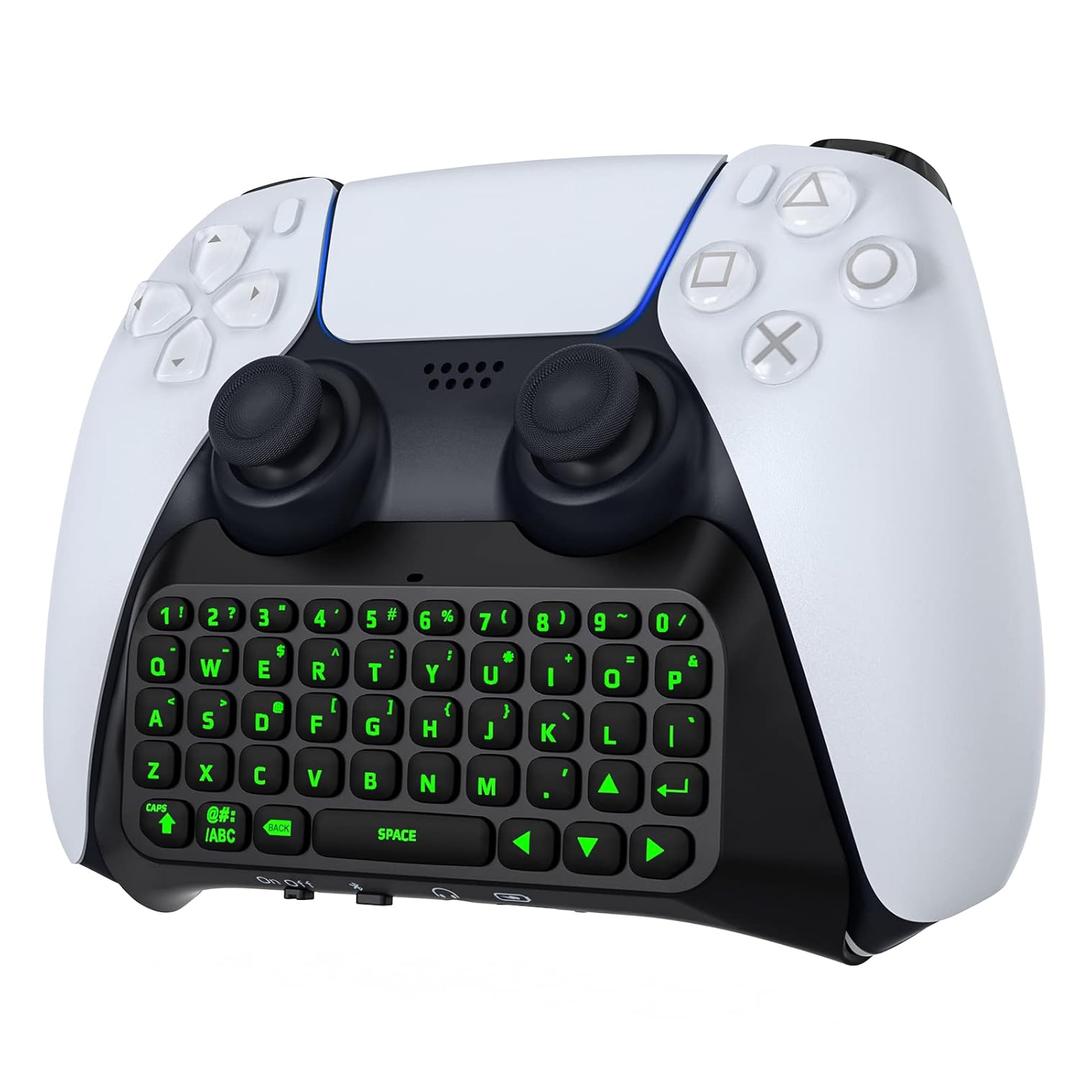 MoKo Keyboard for PS5 Controller with Green Backlight, Bluetooth Wireless Mini Keypad Chatpad for PlayStation 5, Built-in Speaker & 3.5mm Audio Jack for PS5 Controller Accessories (Black)