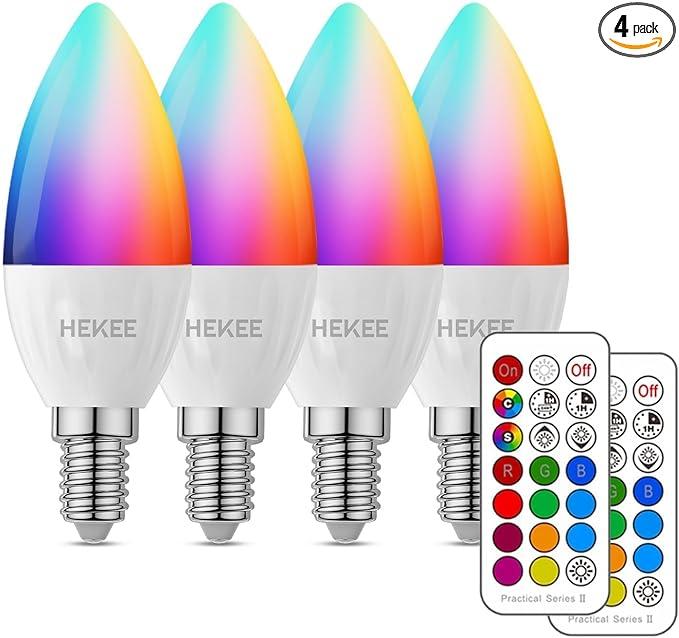 HEKEE E12 LED Candelabra Light Bulbs, Color Changing Candle, C37 B11 40W Incandescent Equivalent, 450 Lumen, RGB + 2700K Warm White, 5Watt, 12 Colors, 2 Modes, Timer, Remote Control(3Pack)