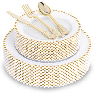 HOMIP 75PCS Gold Plastic Dinnerware Set - Pearl-Beaded Rim Plates & Baroque Forks, Spoons, Knives, Perfect for Elegant Wedding, Banquet & Party