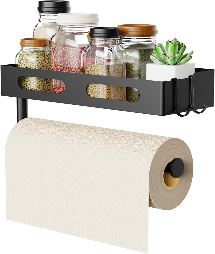 Paper Towel Holder Wall Mount for Kitchen, Paper Towel Holder with Shelf for Bathroom, RV Paper Towel Rack, Spice Rack with 2 Hooks, Matte Black