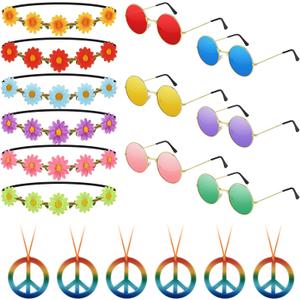 NEBURORA 18Pcs Hippie Costume Accessories Set 60s 70s Hippie Costume Accessories Set Daisy Headband Peace Sign Necklaces Hippie Sunglasses Costume Supplies for Carnival Party