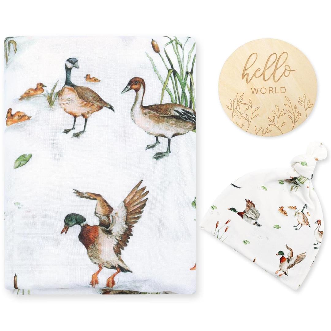LifeTree Muslin Swaddle Blankets, Muslin Baby Boy Swaddle Blanket and Hat Set with Birth Announcement Card, Newborn Unisex Receiving Blankets Mallard Duck