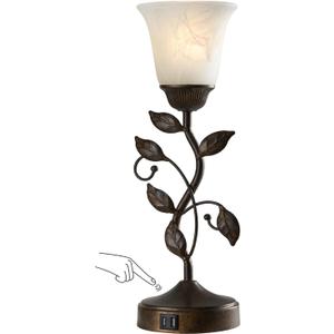 RORIANO Touch Bedside Table Lamp, Vintage Nightstand Lamp with 2 USB Ports for Living Room, 3 Way Dimmable Leaf Lamp Retro Table Lamp for Bedroom with White Glass Shade, LED Bulb Included (1 Pack - Brass)