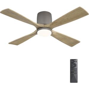 WINGBO 48 inch Flush Mount Ceiling Fan with Lights,Modern Ceiling Fan with Remote,Hugger Ceiling Fans,4 Wood Blades, Quiet 6-Speed DC Motor Low Profile Ceiling Fan, Graphite Finish with Gray Blade