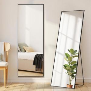 Mirror Full Length, Upgraded Body Wall Mirrors with Shatter-Proof Glass, Floor Standing, Hanging or Leaning, Tall Mirror with Stand Aluminum Alloy Frame for Bedroom Cloakroom (59"L x 16"W, Black)
