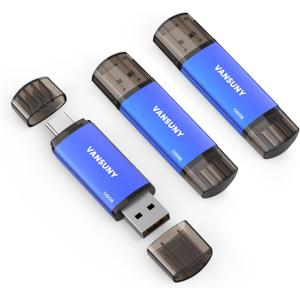 Vansuny 128GB 3 Pack USB Type-C Flash Drives 2-in-1 Dual Flash Drive USB A + Tape C OTG Flash Drive for Android Smartphone Tablet Computer Laptop (Blue)