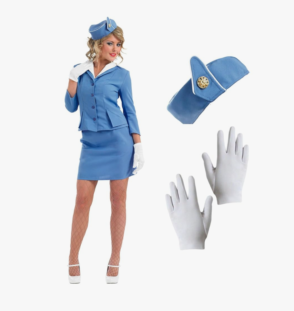 fun shack Flight Attendant Costume Women Blue, Retro Airline Stewardess Outfit with Hat & Gloves
 M
