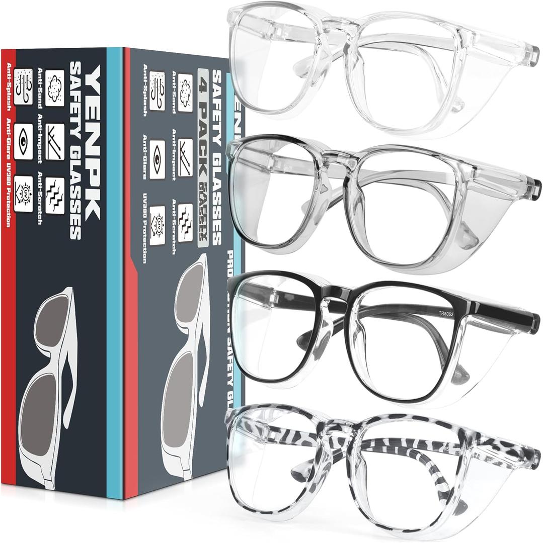 4 Pack Safety Glasses Goggles For Women Anti Fog, Cute Protective Eyewear for Nurses, ANSI Z87+ Anti-Blue Light ((Clear _Grey _Black _Leopard))
