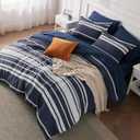 Bedsure Queen Comforter Set 7 Pieces, Blue Striped Bedding Set for All Seasons, Reversible, Cationic Dyeing Bed in a Bag with Comforter, Sheets, Pillowcases & Shams