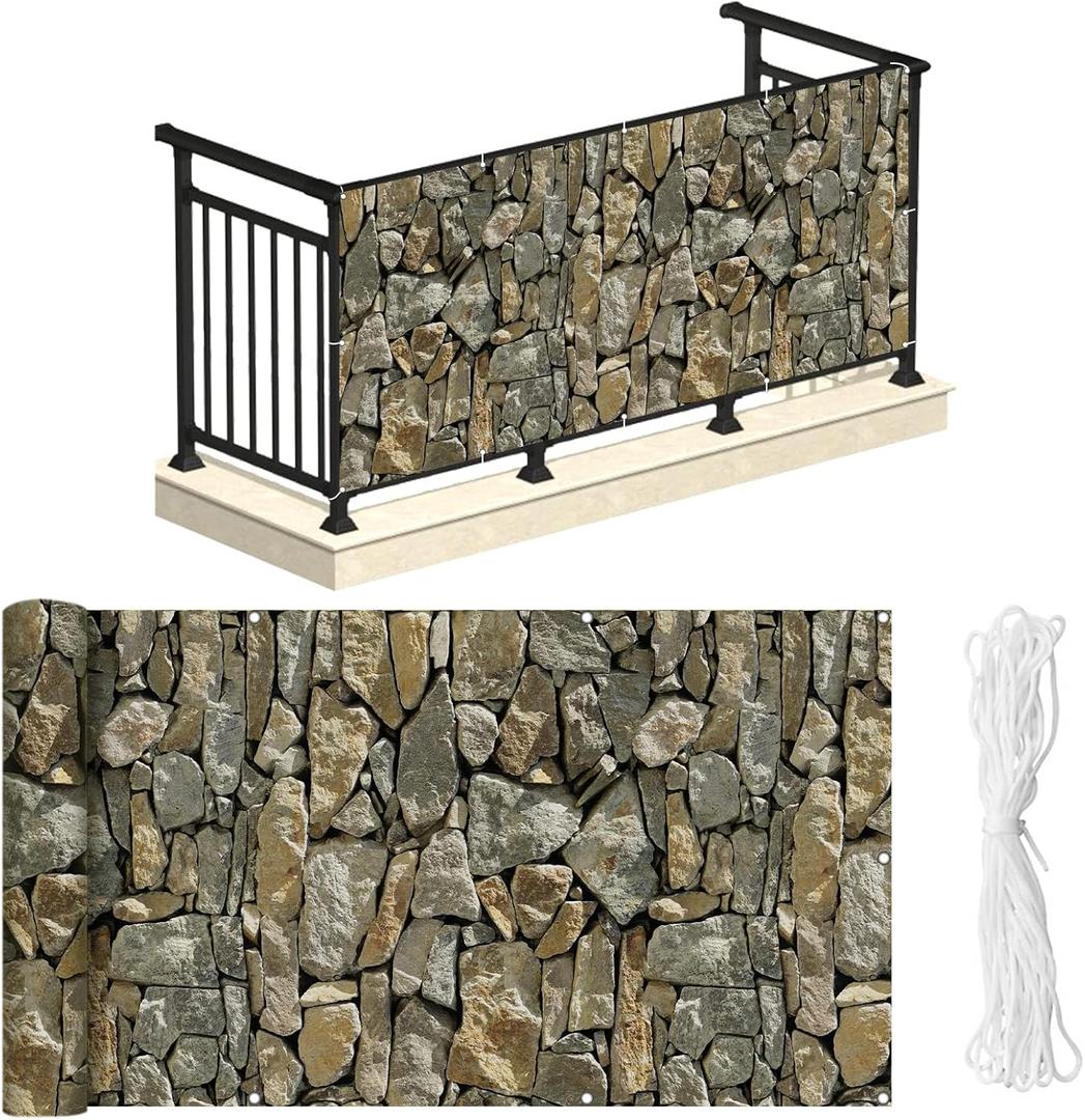 NAIMORUI PVC Balcony Privacy Screen Decorative Balcony Cover with Nylon Rope- 34'' x 180''(Stone)