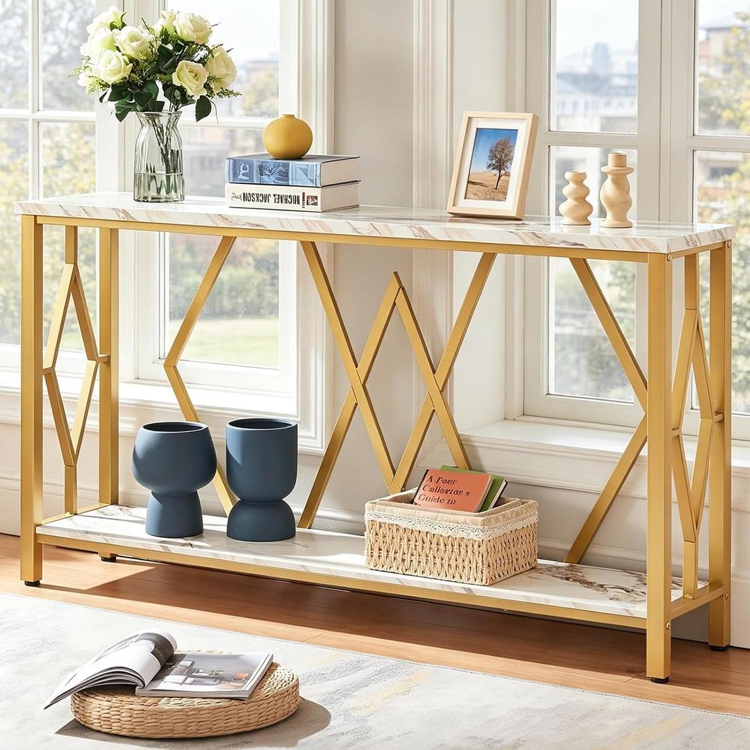 Modern Entryway Console Table, 2- Tier Entry Table, White-Gold, 55 in
Gold Faux Marble Top Engineered Wood Sofa Table with 2-Tier Open Storage, Entry Table for Hallway & Living Room