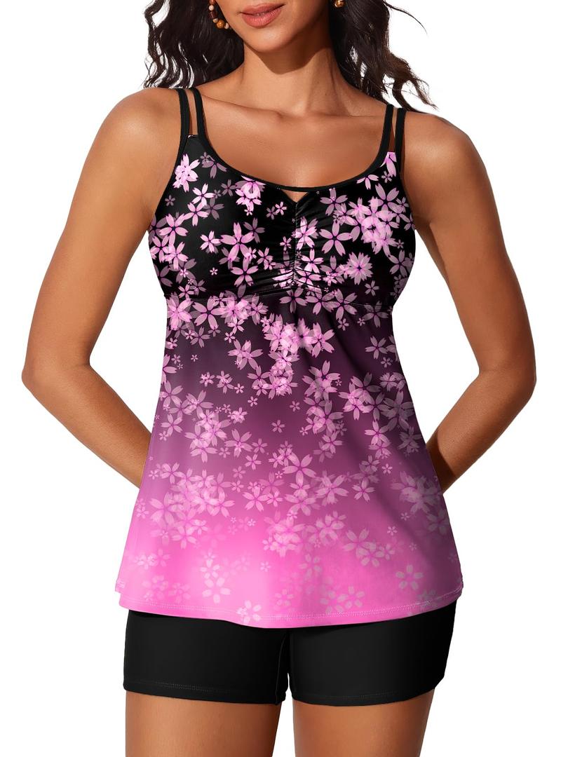 Summer Mae Womens Tankini Swimsuits 2025 Two Piece Bathing Suits Tummy Control Ruched Swim Suits with Shorts Swimwear Blossom Pink 6