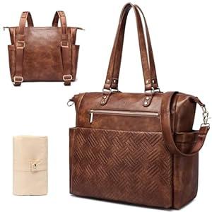 Large Leather Diaper Bag, Tote Diaper Bag Leather Modern, Travel Essential, Diaper Bag Backpack with Changing Pad, Laptop Compartment, Multiple Pockets, Brown Diaper Bag Leather