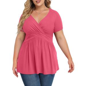 TIANZHU Women's Plus Size Dressy Tops Wrap Shirt Short Sleeve Tunic Top V Neck Low Cut Cute Blouse (X-Large, Red Peach)