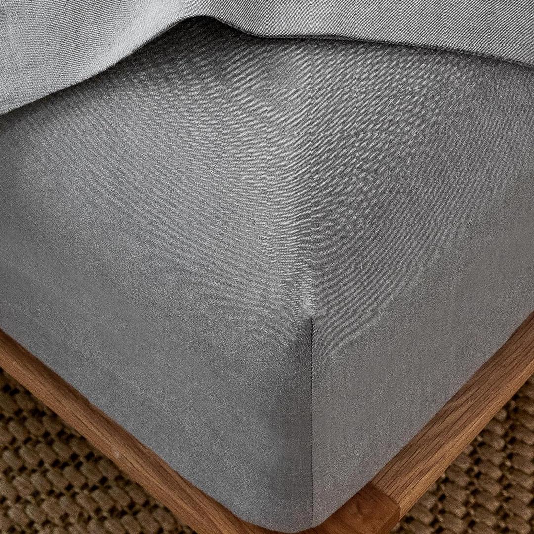 MooMee Fitted Bottom Sheet Only 100% Washed Cotton Linen Like Textured Breathable Durable Soft Comfy Deep Pocket Fits Mattress up to 17" (Ice Grey, Full)