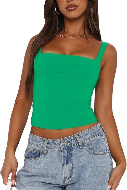 ForeFair Women Backless Ruched Tank Tops Sleeveless Square Neck Going Out Top Strappy Tight Slim Fit Cute Crop Top XS