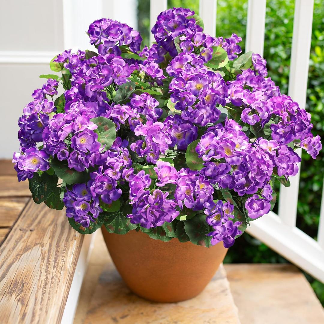 Artificial Geranium Fake Flowers for Outdoors Decoration, 6 Bundles Silk Geraniums Flower UV Resistant Look Real Faux Plants for Outside Planter Front Door Garden Patio Balcony Yard Home, Purple