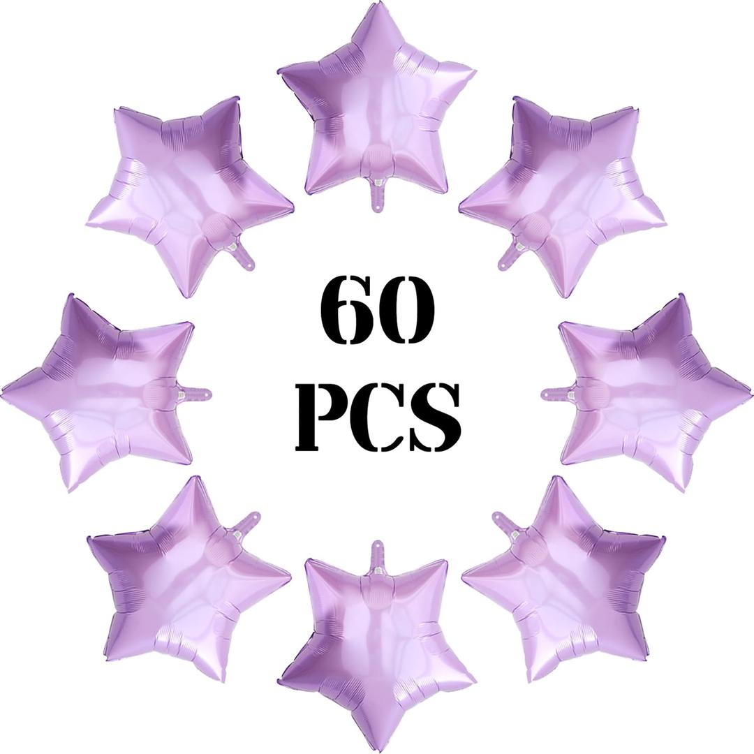 60 Pcs 10in Star Shaped Balloons Lilac Light Purple Foil Mylar Balloons Small Foil Balloon Decoration for Women Girls Valentine's Day Birthday Wedding Proposal Bridal Bachelorette Party Decor