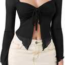 Women's Y2k Mesh Sheer Crop T Shirt Bell Long Sleeve Tie Front Goth Party Tops (Black, M)