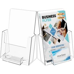 MaxGear Brochure Holder 6x9 inch with Business Card Organizer, Acrylic Literature Display Stand Clear Plastic Flyer Holder Wall Mount or Countertop Use for Pamphlets, Booklets, 2 Pack
