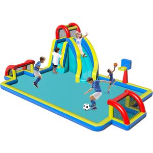 Inflatable Bounce House,Water Bounce House with Slide Double Soccer Goal,Big Splash Pool,Basketball Hoop,Climb Wall,Outdoor Bouncer with Air Blower for Kids 3-10, Long Slide with Football Net
