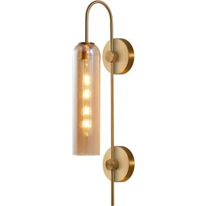 BOKT 1 Light Modern Amber Glass Wall Sconce 31" Mid Century Brushed Brass Tube Wall Sconces Lighting Gold Wall Mounted Light Fixture Indoor Bathroom Vanity Wall Lamp for Bedroom Living Room (Amber)