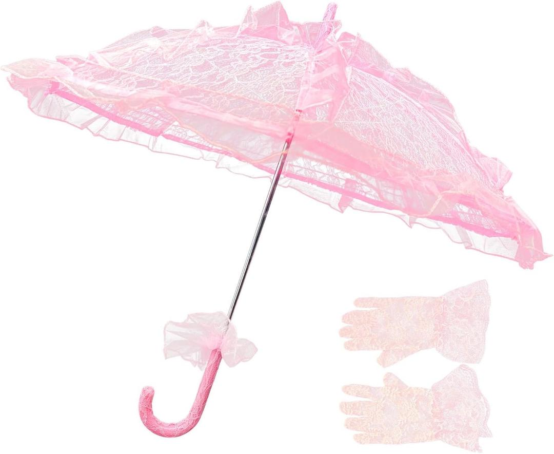 Mini Pink Lace Parasol Umbrella with Lace Gloves for Kids, Small Vintage Parasol for Wedding Tea Party Photo Props, 22in H