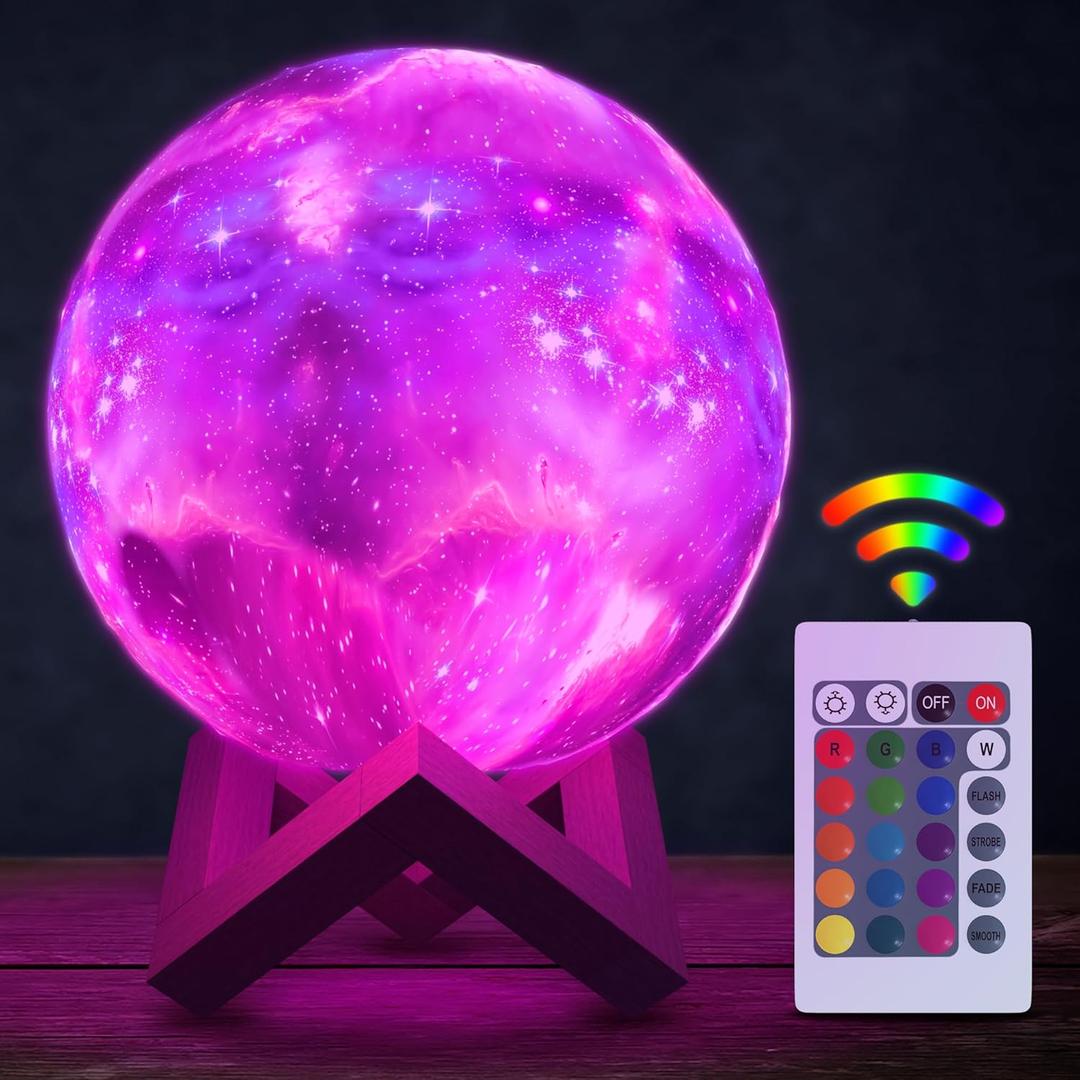 LED Galaxy Lamp 5.9" - 16 Colors, 4 Modes Mesmerizing 3D Moon Lamp with Touch & Remote Control, Wooden Stand, USB Charging - Printed Moon Night Light with Realistic Design | Valentine Day Decor