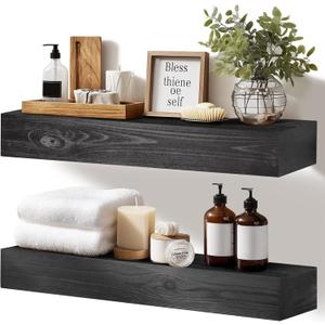 17x3x7 inch Floating Shelves Wall Mounted - Set of 2 Black Rustic Solid Wood Wall Shelf - Heavy Duty Decorative Fireplace Mantel for Living Room, Bedroom, Bathroom, Kitchen